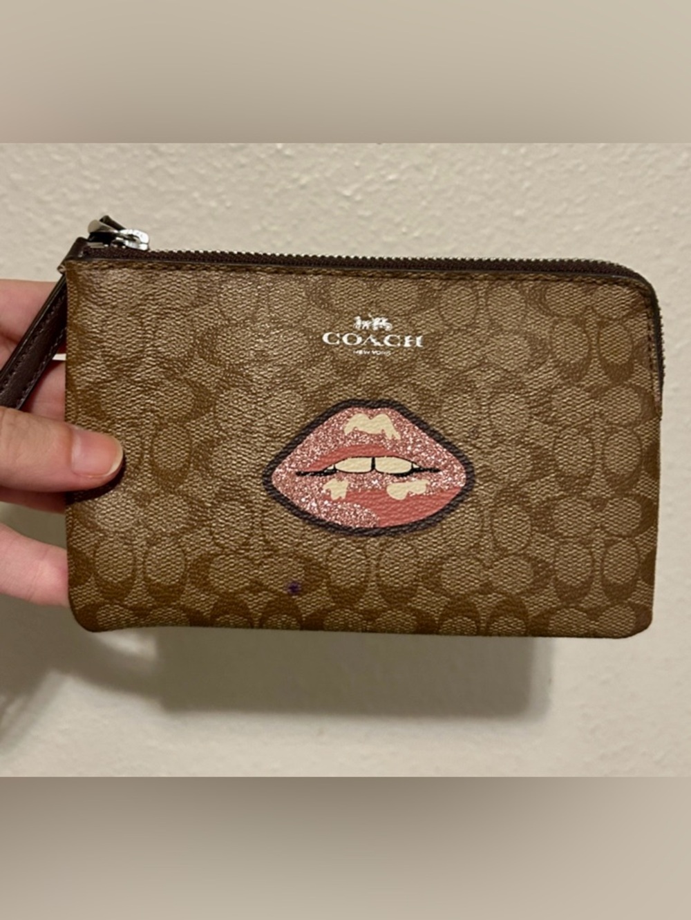 Coach Brown Signature Canvas Wristlet with Pink Lip Patch - Picture 2 of 15
